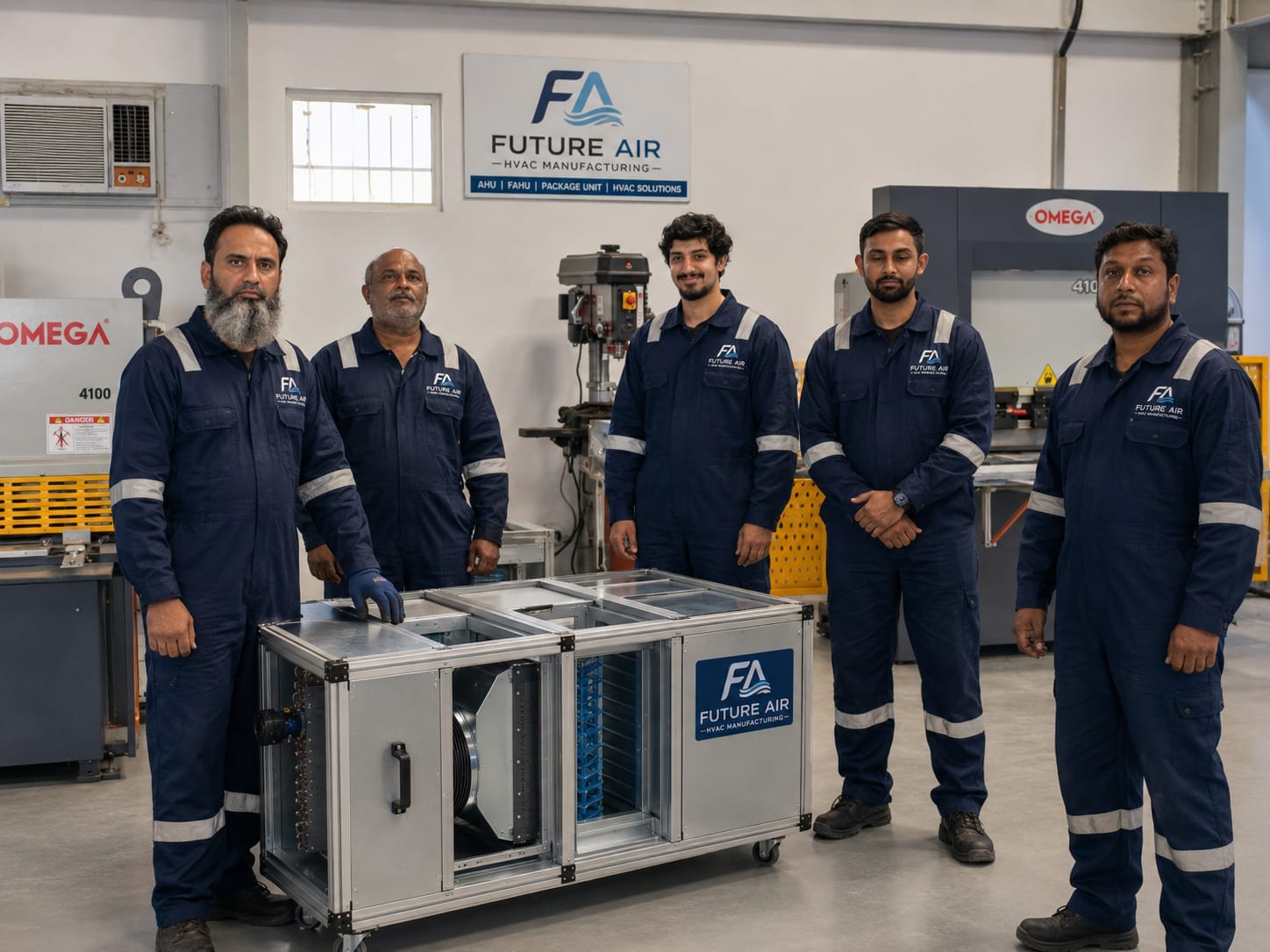 Future Air manufacturing team with AHU unit in factory