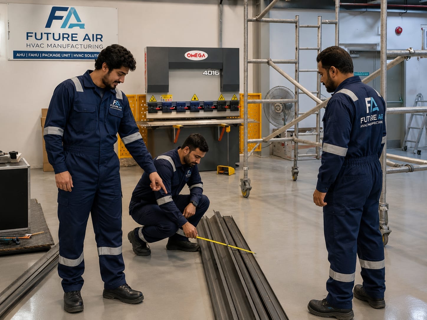 Future Air team measuring steel profiles on factory floor