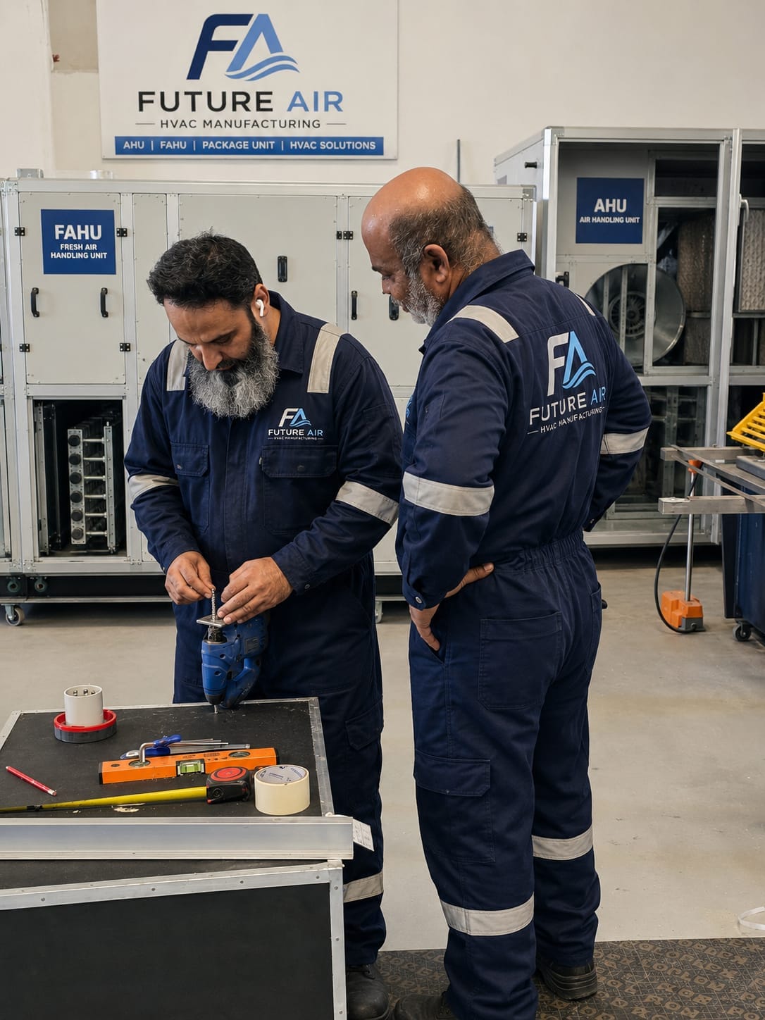 Future Air technicians servicing FAHU units in factory
